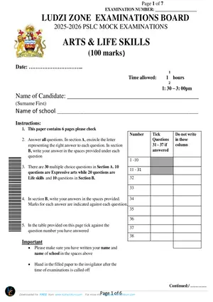 2026 Ludzi Zone PSLCE Arts and Life Skills Mock - Preview