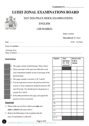 2026 Ludzi Zone PSLCE English Mock - Preview