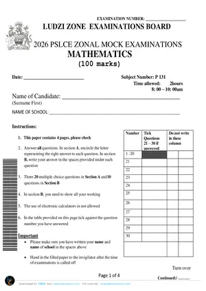 2026 Ludzi Zone PSLCE Mathematics Mock - Preview