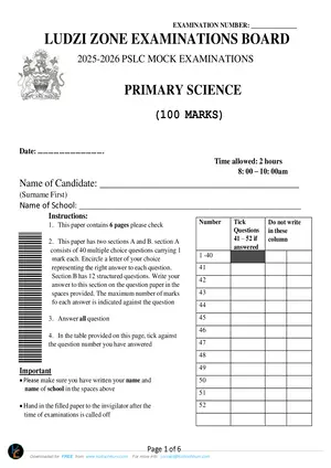 2026 Ludzi Zone PSLCE Primary Science Mock - Preview