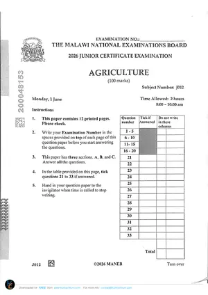 2026 MANEB JCE Agriculture Past Paper - Preview