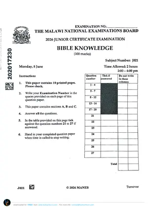 2026 MANEB JCE Bible Knowledge Past Paper - Preview