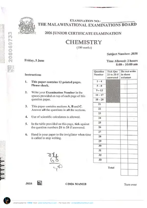 2026 MANEB JCE Chemistry Past Paper - Preview