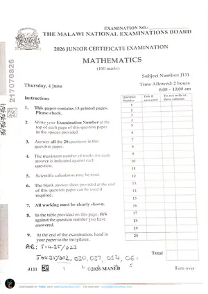 2026 MANEB JCE Mathematics Past Paper - Preview