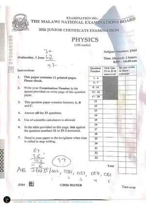 2026 MANEB JCE Physics Past Paper - Preview