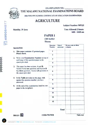 2026 MANEB MSCE Agriculture Paper I Past Paper - Preview