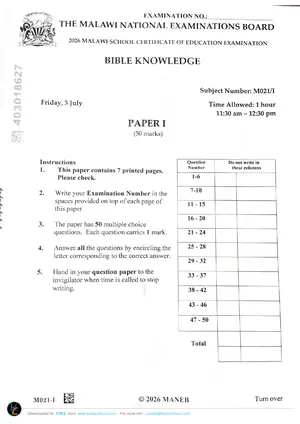 2026 MANEB MSCE Bible Knowledge Paper I Form 4 Past Paper - Preview