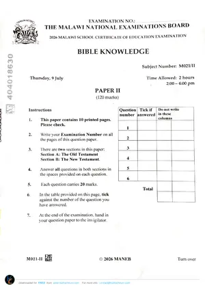 2026 MANEB MSCE Bible Knowledge Paper II Form 4 Past Paper - Preview