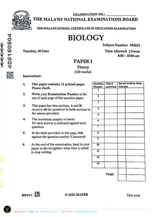 2026 MANEB MSCE Biology Paper I Past Paper - Preview