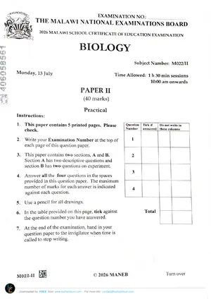 2026 MANEB MSCE Biology Paper II Form 4 Past Paper - Preview