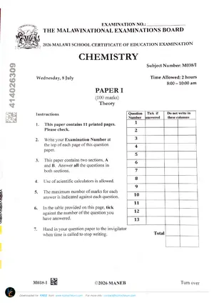 2026 MANEB MSCE Chemistry Paper I Form 4 Past Paper - Preview