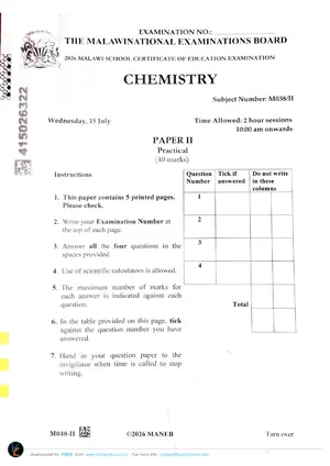 2026 MANEB MSCE Chemistry Paper II Past Paper - Preview
