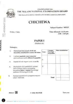 2026 MANEB MSCE Chichewa Paper I Past Paper - Preview