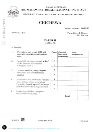 2026 MANEB MSCE Chichewa Paper II Past Paper - Preview