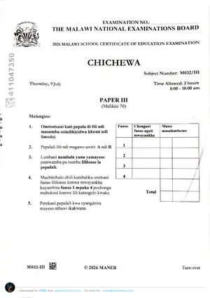 2026 MANEB MSCE Chichewa Paper III Past Paper - Preview