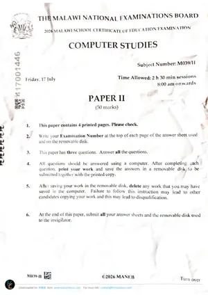 2026 MANEB MSCE Computer Studies Paper II Past Paper - Preview