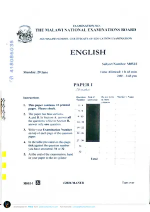 2026 MANEB MSCE English Paper I Malawi Past Paper - Preview