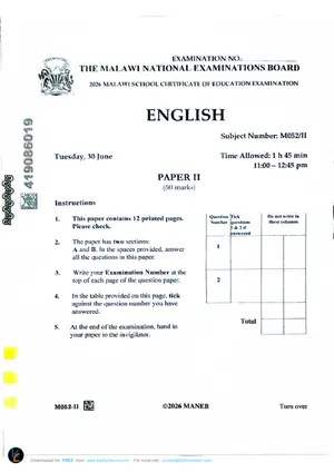 2026 MANEB MSCE English Paper II Malawi Past Paper - Preview