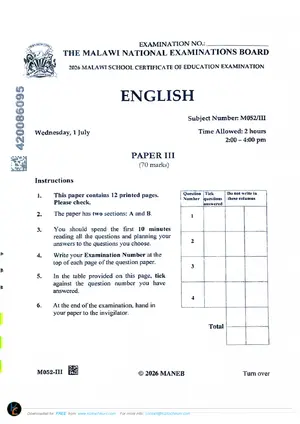 2026 MANEB MSCE English Paper III Malawi Past Paper - Preview