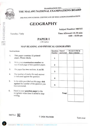 2026 MANEB MSCE Geography Paper I Past Paper - Preview