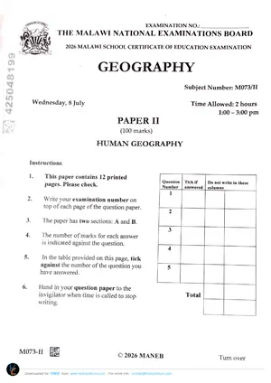2026 MANEB MSCE Geography Paper II Past Paper - Preview