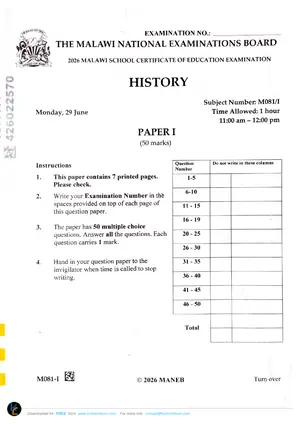 2026 MANEB MSCE History Paper I Past Paper - Preview