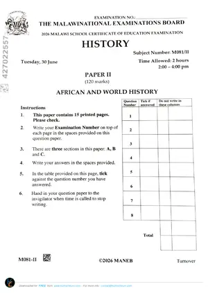 2026 MANEB MSCE History Paper II Past Paper - Preview