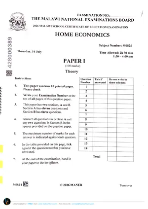 2026 MANEB MSCE Home Economics Paper I Past Paper - Preview