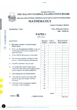 2026 MANEB MSCE Mathematics Paper I Malawi Past Paper - Preview