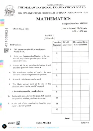 2026 MANEB MSCE Mathematics Paper II Past Paper - Preview