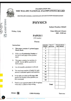 2026 MANEB MSCE Physics Paper I - Preview