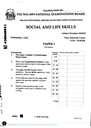 2026 MANEB MSCE Social and Life Skills Paper I - Preview