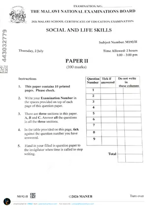 2026 MANEB MSCE Social and Life Skills Paper II Past Paper - Preview