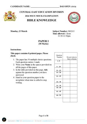 2026 Malawi (Central East Education Division) CEED MSCE Bible Knowledge Paper I - Preview