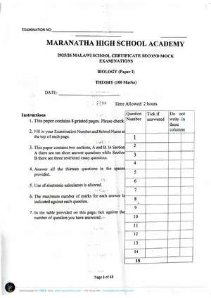 2026 Maranatha MSCE Biology Paper 1 Mock 2 - Preview