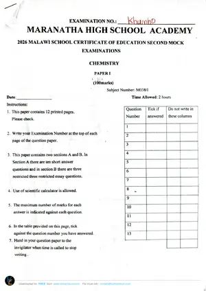 2026 Maranatha MSCE Chemistry Paper 1 Mock 2 - Preview