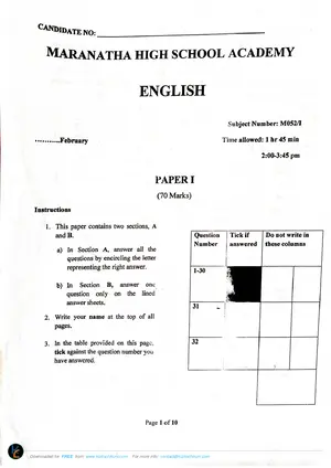 2026 Maranatha MSCE English Paper 1 Mock 2 - Preview