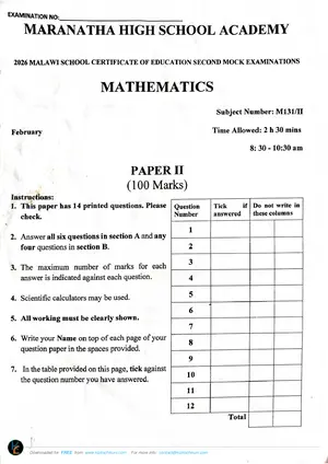2026 Maranatha MSCE Mathematics Paper 2 Mock 2 - Preview