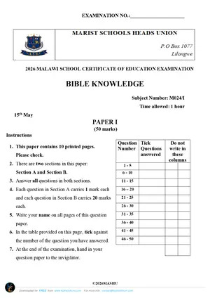 2026 Marist MSCE Bible Knowledge Paper I Mock - Preview