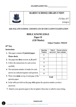 2026 Marist MSCE Bible Knowledge Paper II Mock - Preview