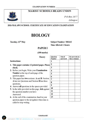 2026 Marist MSCE Biology Paper I Mock - Preview