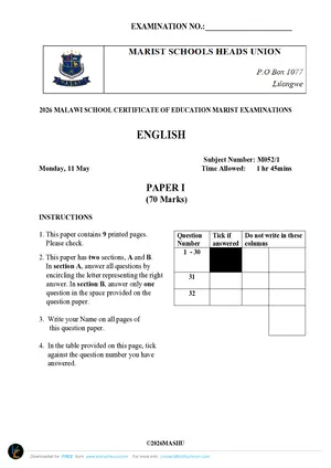 2026 Marist MSCE English Paper I Mock - Preview
