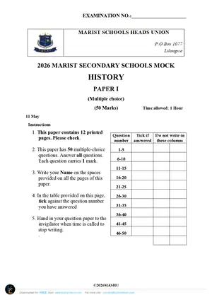 2026 Marist MSCE History Paper I Mock - Preview
