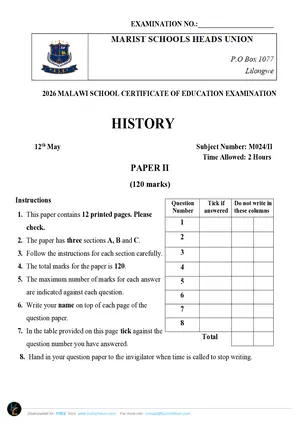 2026 Marist MSCE History Paper II Mock - Preview