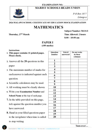 2026 Marist MSCE Mathematics Paper I Mock - Preview