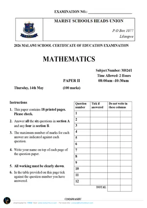 2026 Marist MSCE Mathematics Paper II Mock - Preview