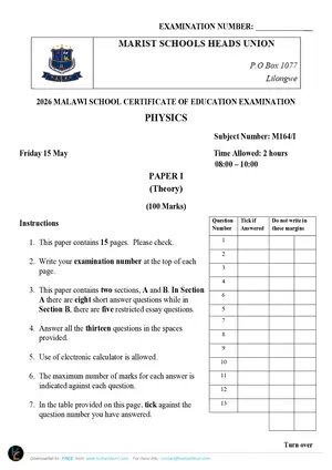 2026 Marist MSCE Physics Paper I Mock - Preview