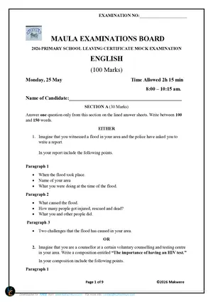 2026 Maula School PSLCE English Mock Examination - Preview