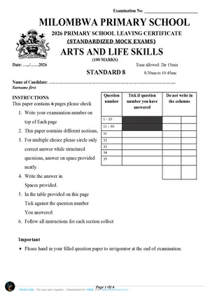 2026 Milombwa Primary School PSLCE Arts and Life Skills Mock - Preview