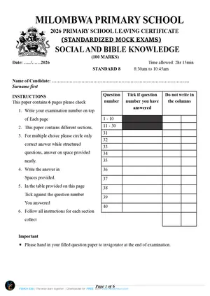 2026 Milombwa Primary School PSLCE Social and Bible Knowledge - Preview